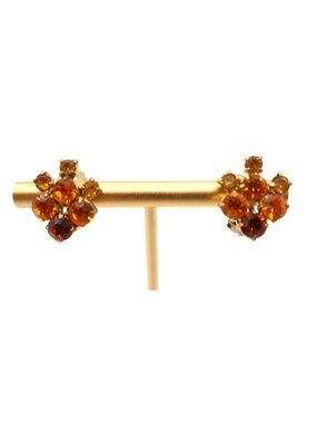 Vintage Marked Austria Orange Crystal Rhinestone Gold Tone Clip On Earrings